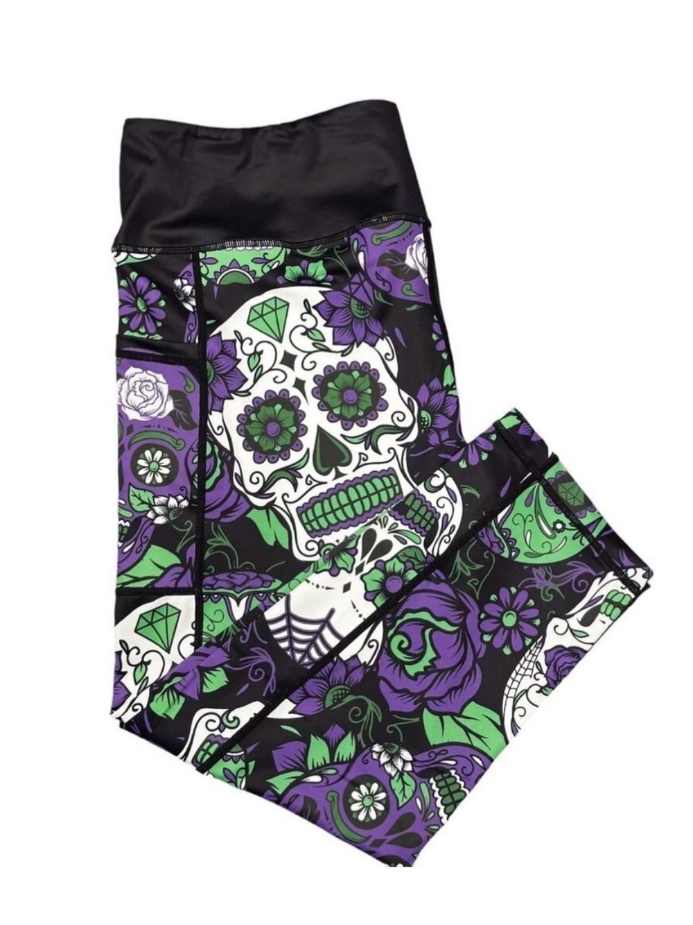 CVG, “Chaos” Size L, Purple & Green Sugar Skull Print Capri Leggings